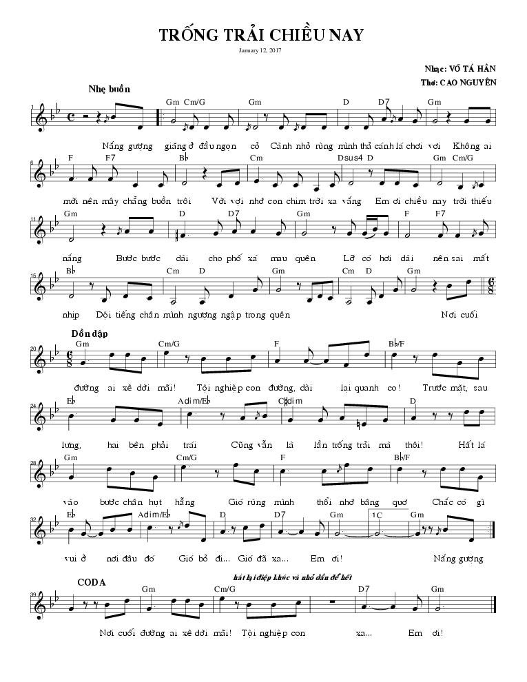 Sheet nhạc Trống Trải Chiều Nay